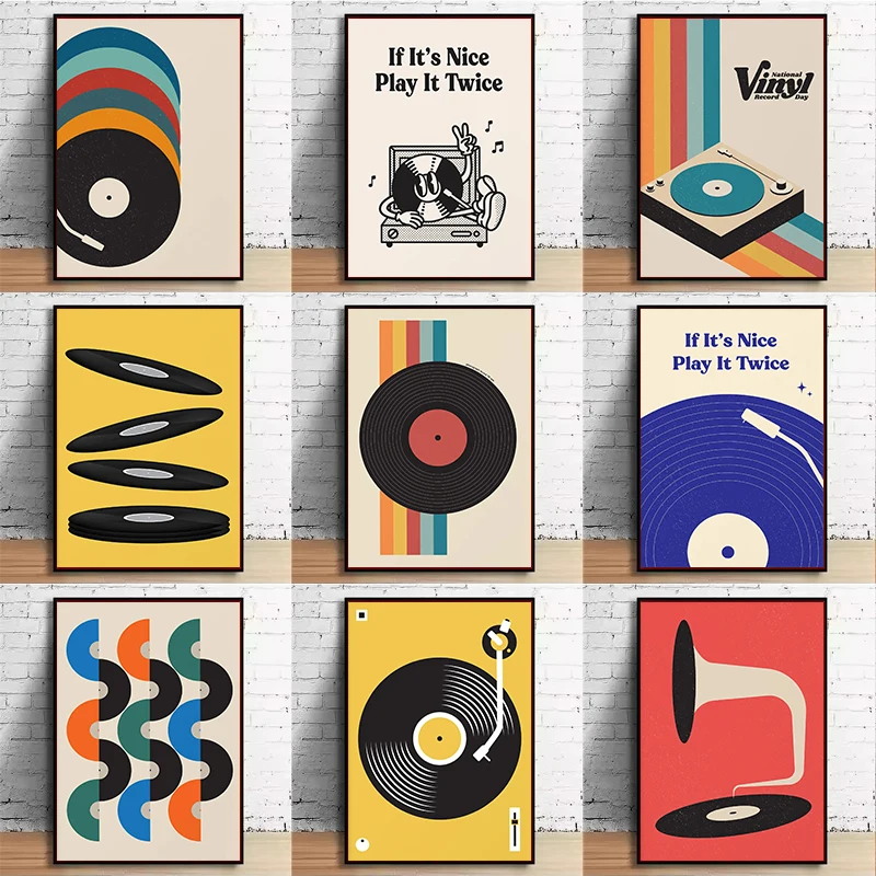Office Furniture Direct - Mid-Century Vinyl-Schallplatten-Leinwand-Wandkunstdruck, ungerahmtes minimalistisches Musik-Pastell-Poster für